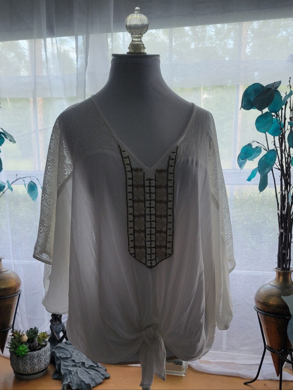Karen Kane White Tunic with Beige and Brown Embroidered Placket